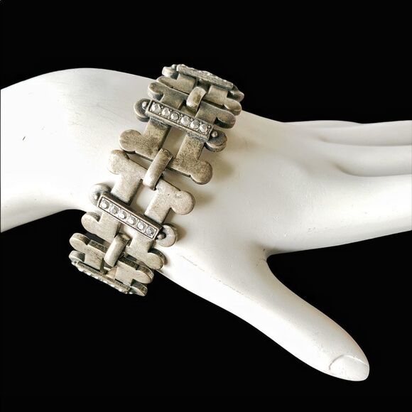 Vintage Banana Bob silver pewter link bracelet with silver aurum crystals - Picture 2 of 7